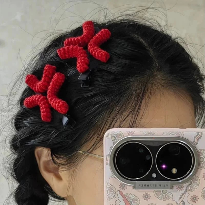 Creative Crochet Hair Clips Set for Women - Red, Gray, Yellow, Gold Variations