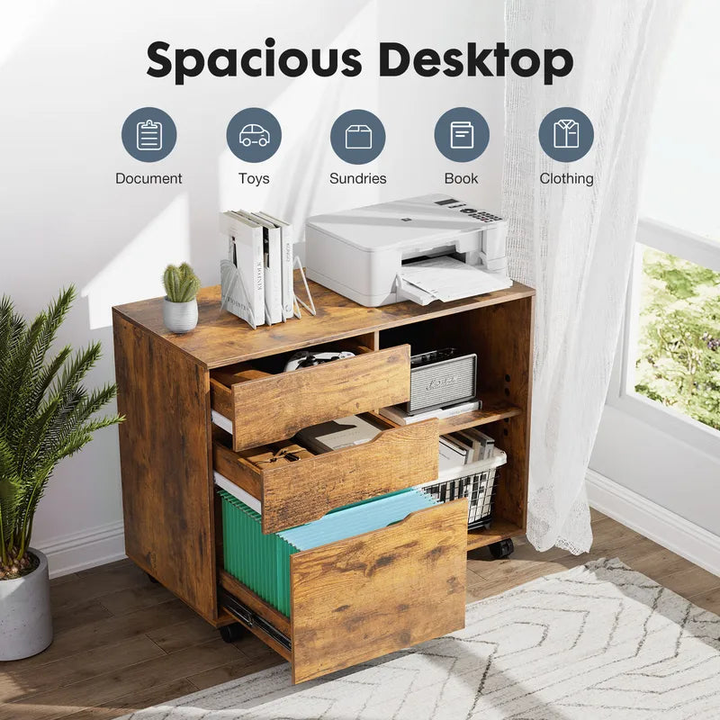 Wooden Mobile Storage Cabinet with 3 Drawers - Modern Nightstand Organizer