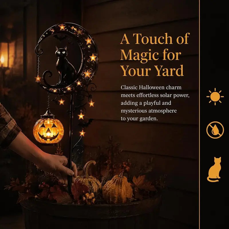 Solar Halloween Black Cat & Pumpkin Moon Garden Stake Light Waterproof Outdoor Decor