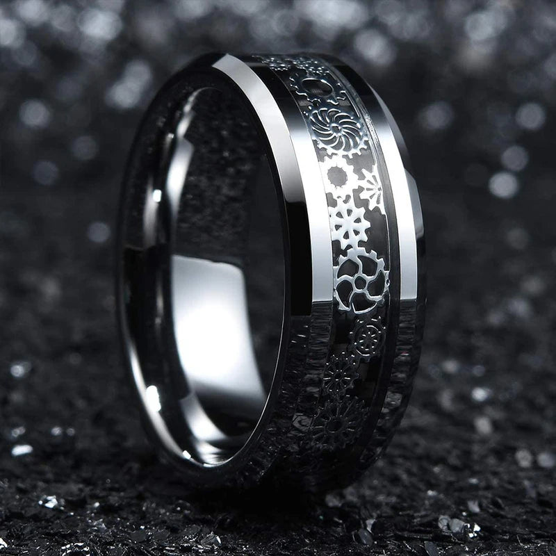 Vintage Men Steampunk Gear Wheel Stainless Steel Celtic Dragon Ring Black Carbon Fiber Wedding Band