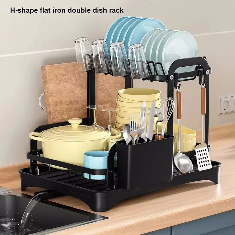 2-Tier Dish Drying Rack with Drain Basket Kitchen Countertop Organizer