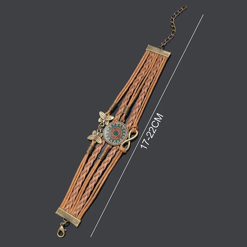 Vintage Mandala Flower Glass Dome Wrap Bracelet for Women - Multilayer Leather Jewelry