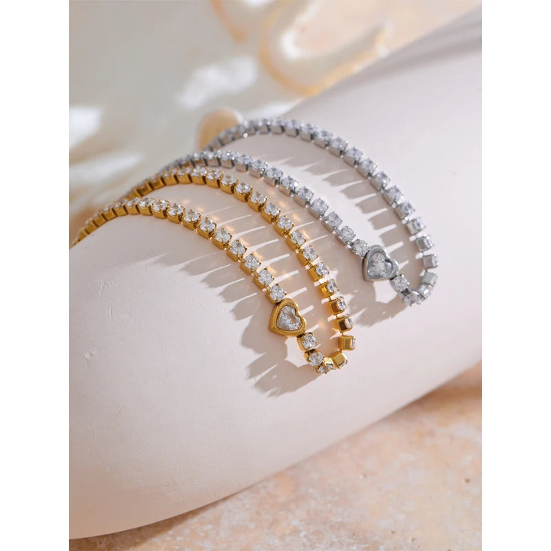 Delicate Heart Chain Bracelet Bangle with Cubic Zirconia Stainless Steel Jewelry