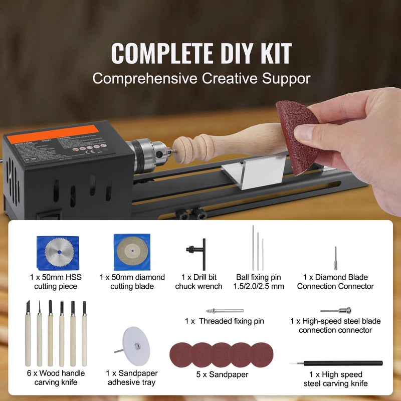 Mini Wood Lathe Machine 7-Inch, 96W Power, 7-Speed for DIY Woodworking