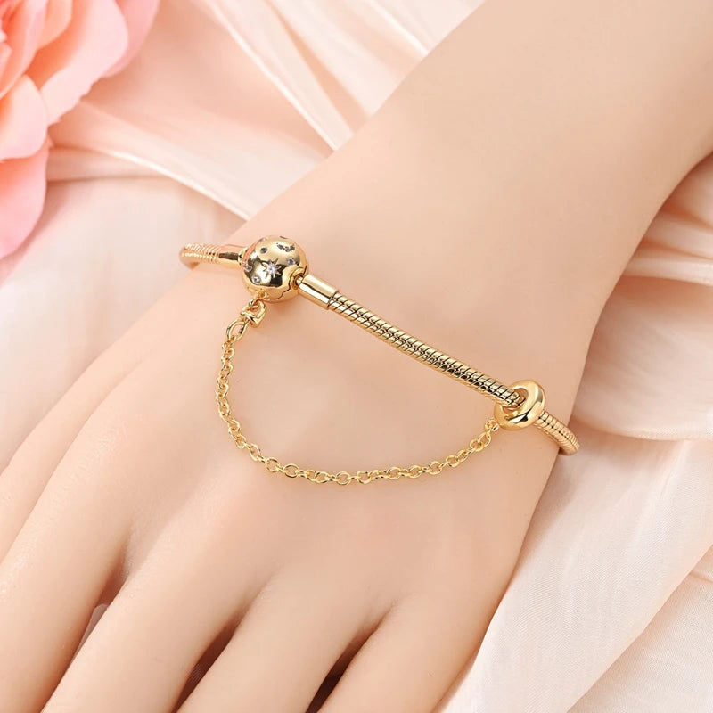 Sterling Silver Charm Bracelet for Women 17-20cm Heart Key Clover Jewelry Gift