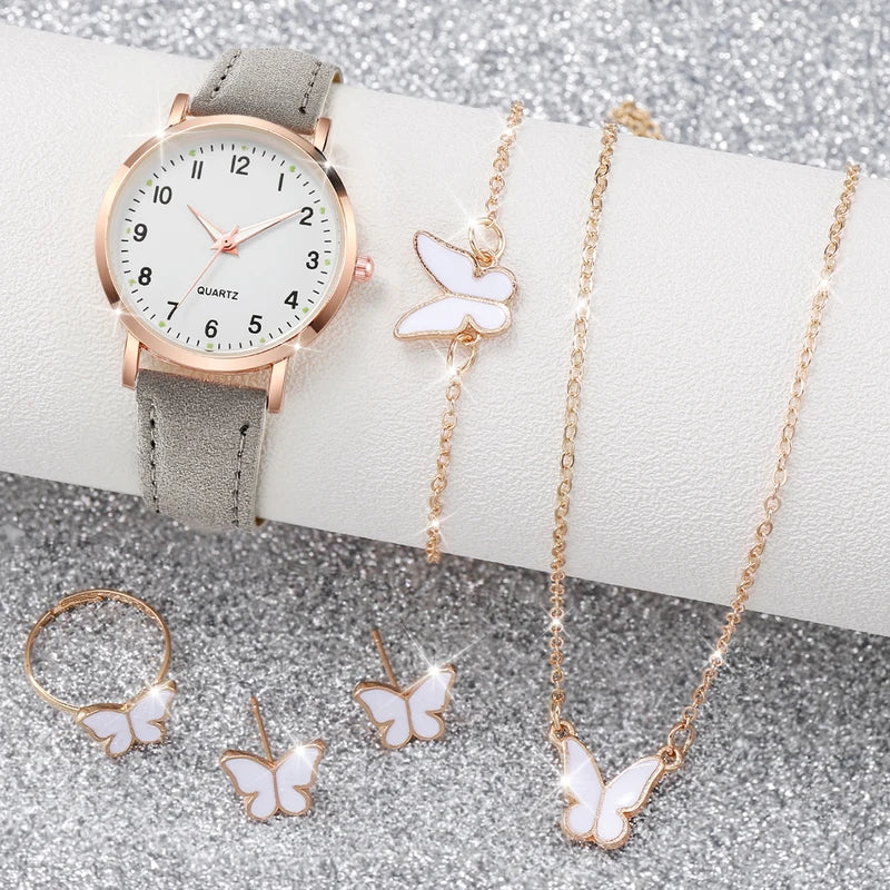 Women's Fashion Arabic Dial Leather Band Quartz Watch Set with Jewelry - Multiple Colors