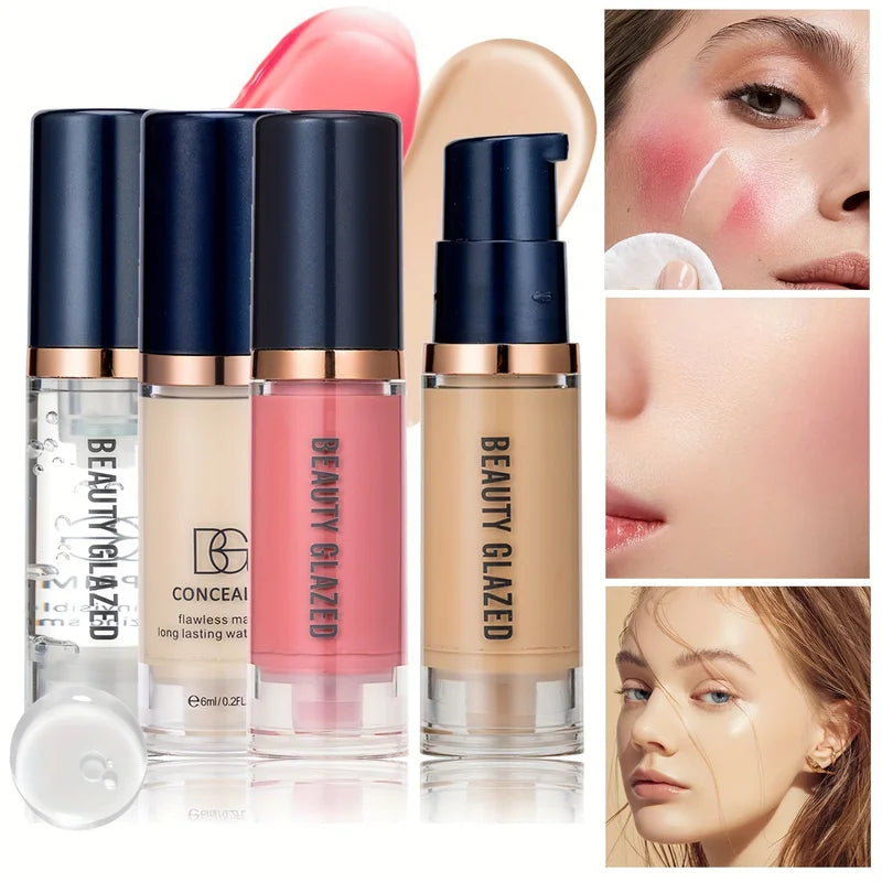 4-Piece Makeup Set Primer Concealer Liquid Foundation & Blush Waterproof Face Makeup Kit