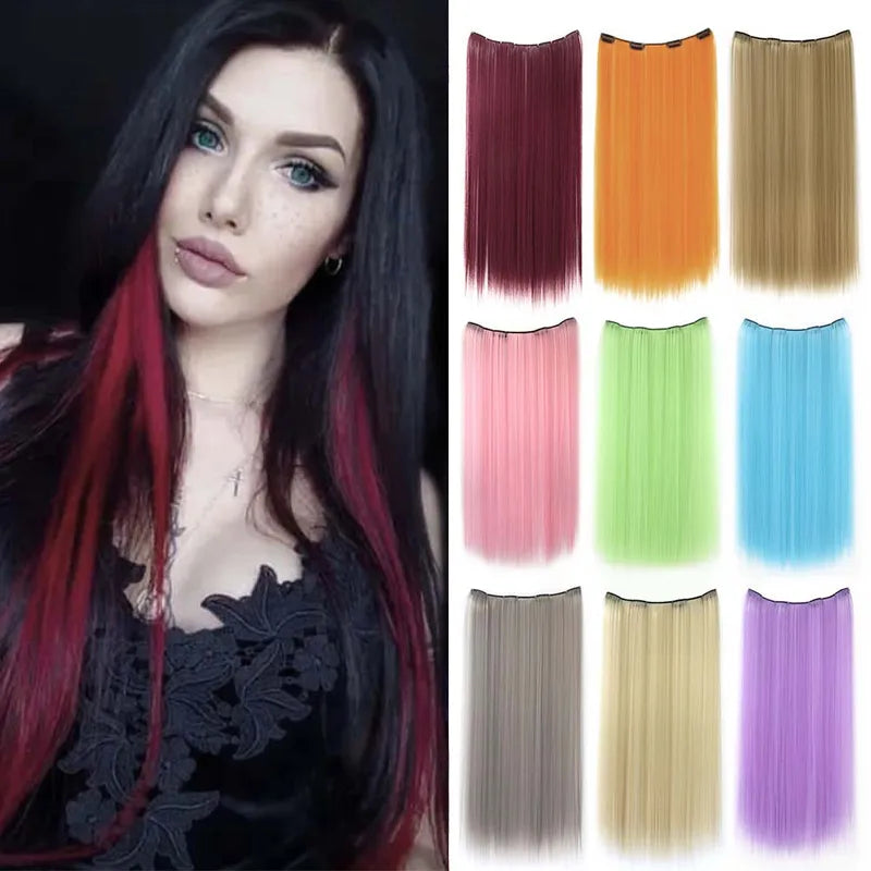 22in Colorful Straight Clip-In Hair Extensions for Women Long Synthetic Hairpiece