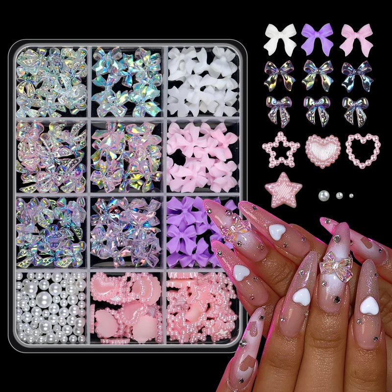 12 Grid Mixed 3D Color Resin Bow Pearl Heart Flat Back Diamond Nail Art Decorations
