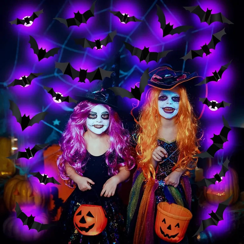 Halloween Bat and Spider Night Light Wall Sticker Set - Purple & Green 3D Decor