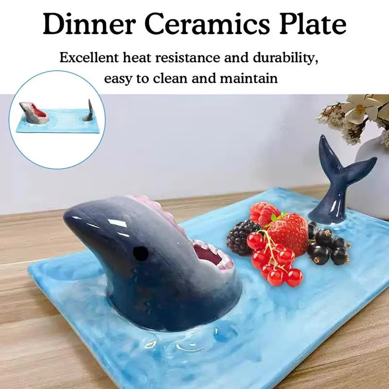 Shark-Shaped Ceramic Plate for Sushi Snacks and Decorative Tableware - Blue Grey