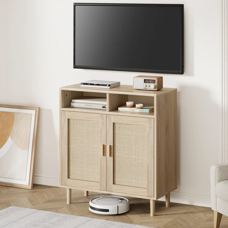 Modern Rattan Buffet Sideboard Cabinet with Shelves - Farmhouse TV Stand & Kitchen Console