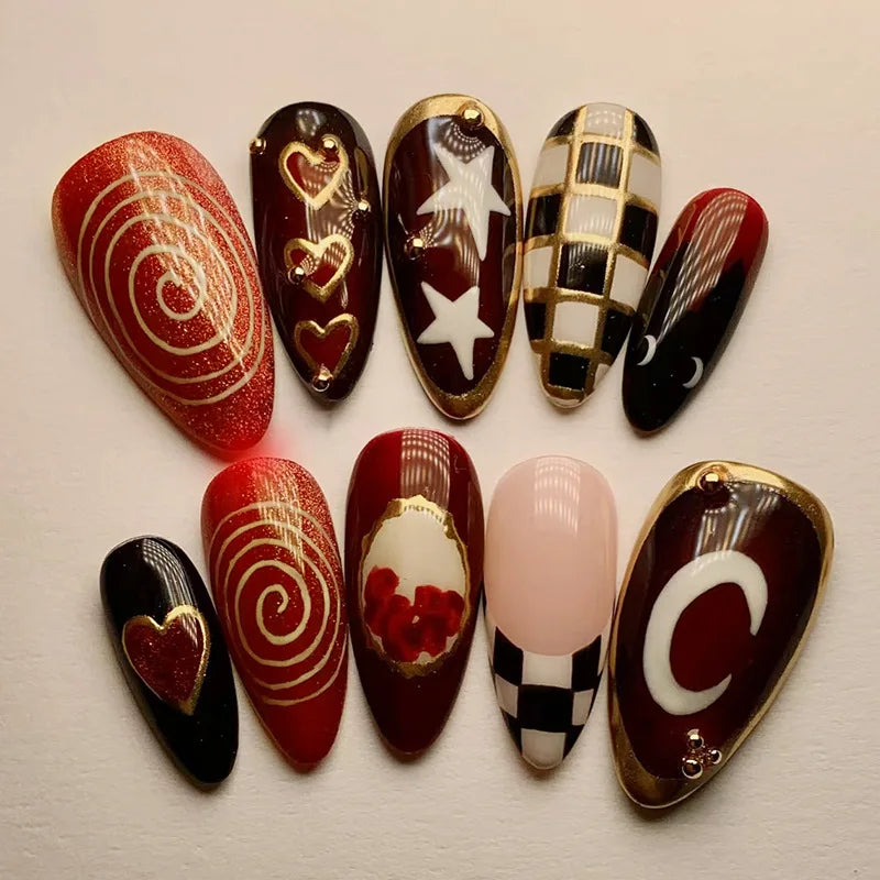 24Pcs Mysterious Red Y2K Fake Nails with Heart Design Long Almond Punk Style Press-On