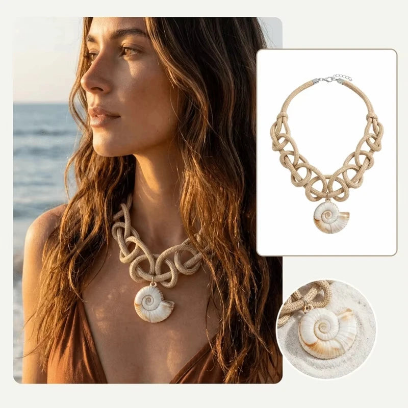 Bohemian Khaki Woven Rope Necklace with Conch Pendant for Women - Summer Beach Choker