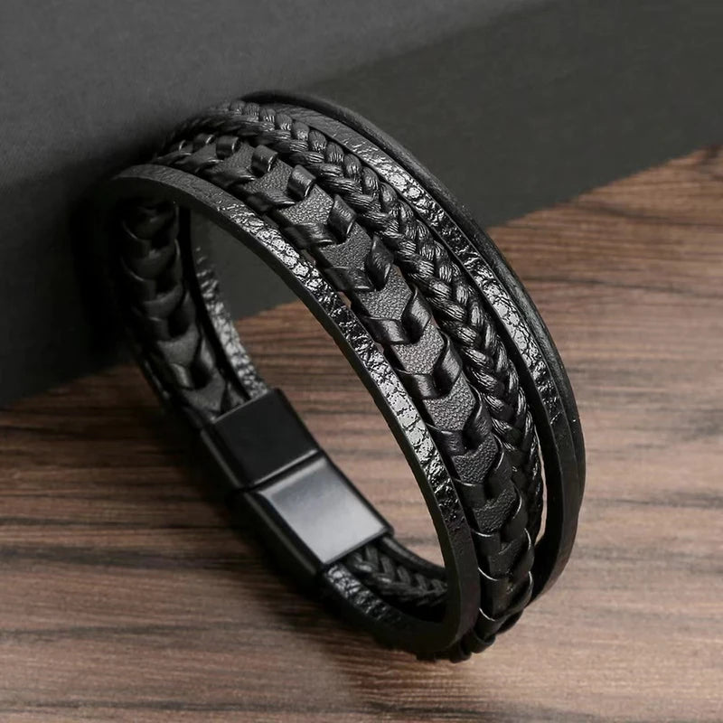 Men's Multi-Layer Leather Rope Braided Bracelet with Magnetic Buckle