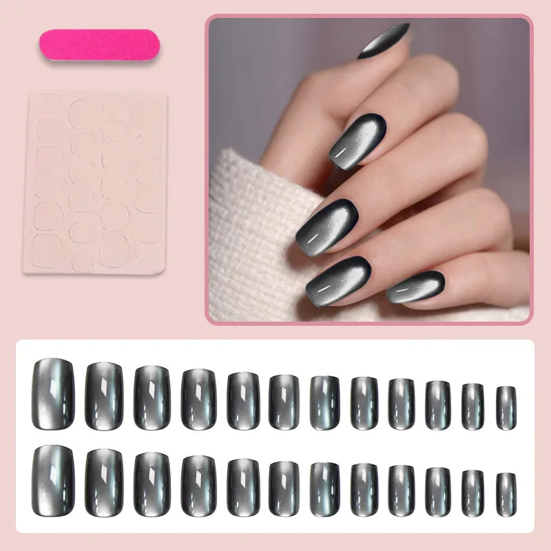 120Pcs Black Cat Eye Fake Nails Glossy Short Square Press-On Manicure Halloween