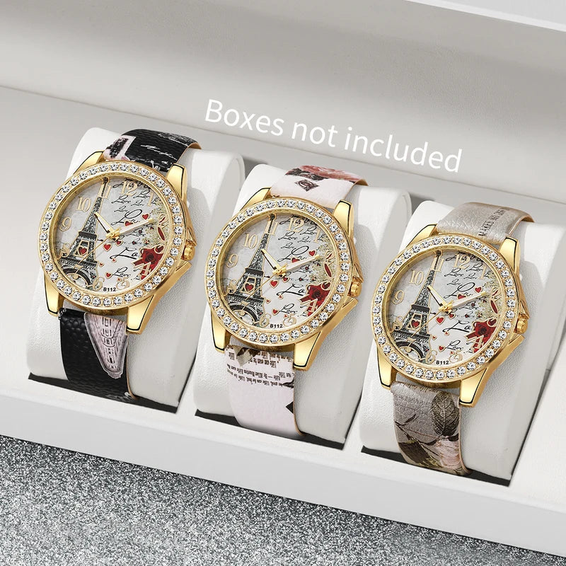 Fashion Women's Quartz Watch Set with Floral Print Leather Band Multiple Colors