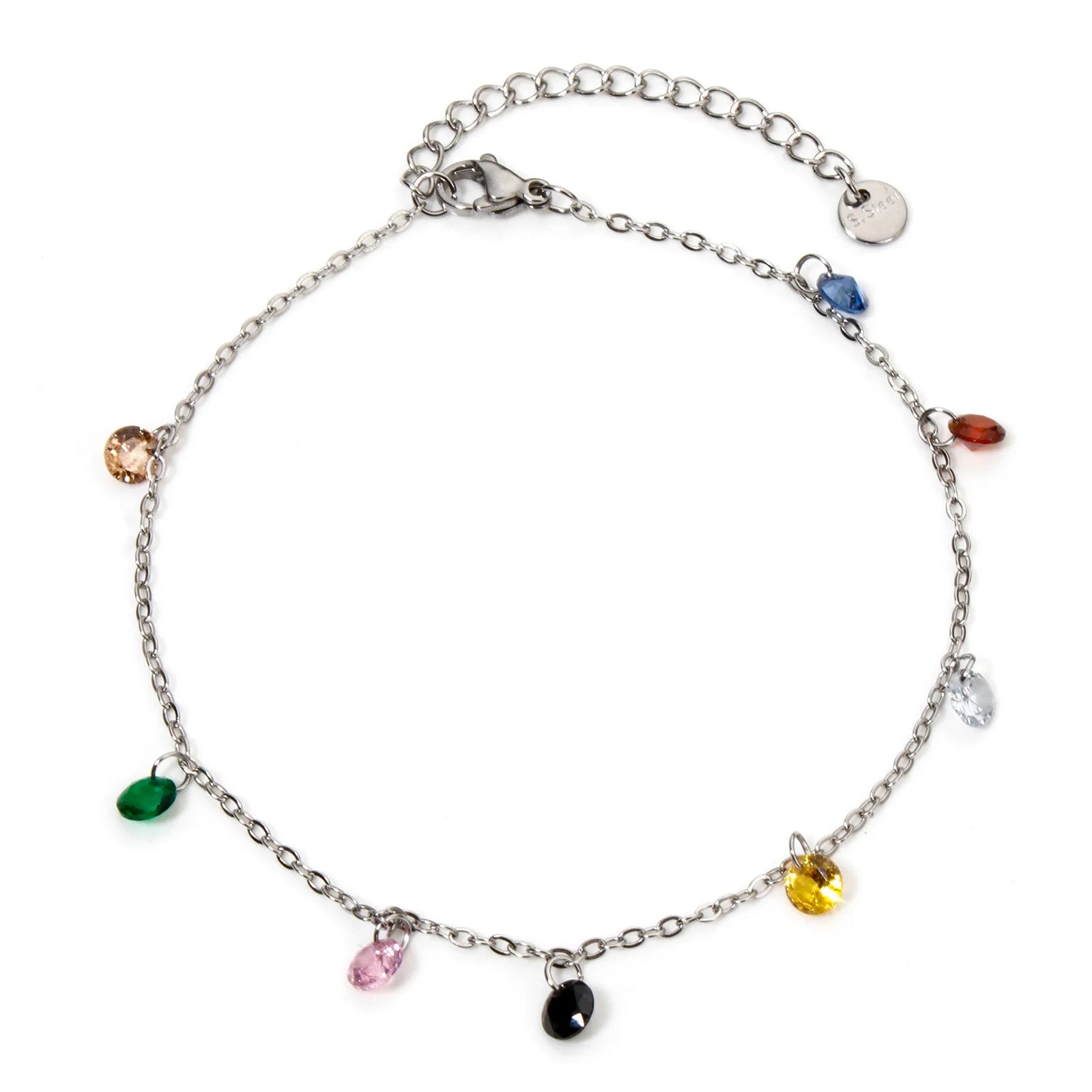Multicolor Rhinestone Link Chain Anklet for Women - 22cm Fashion Jewelry Gift