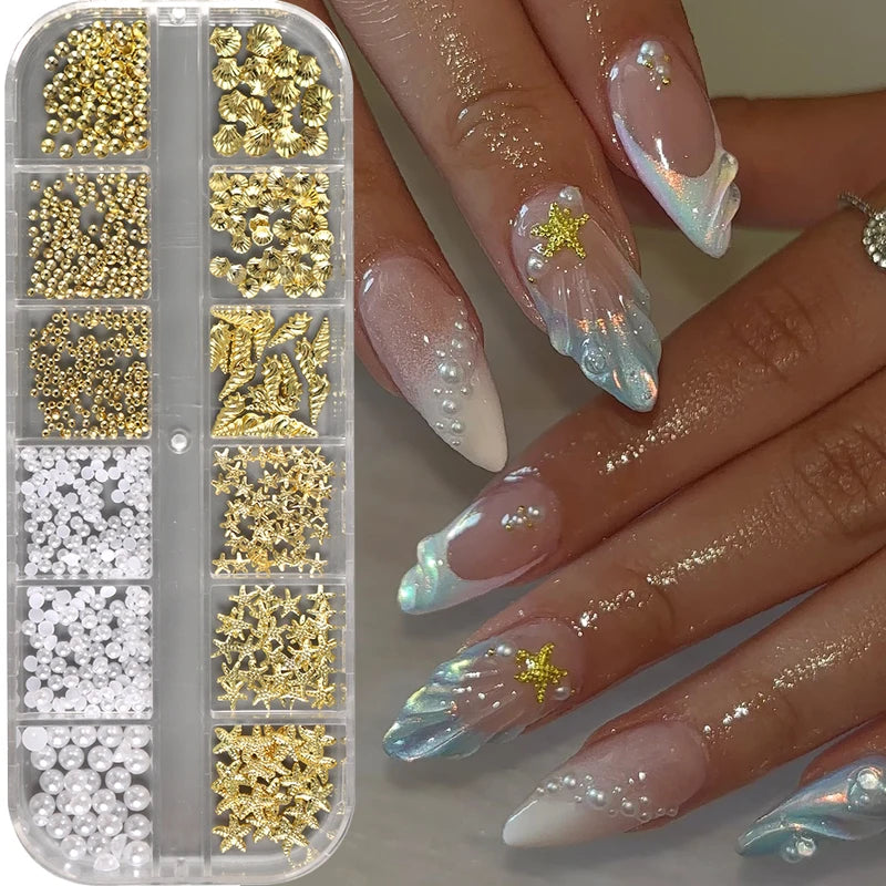 3D Gold Starfish Seashell Nail Art Charms & Beads for Summer Manicure