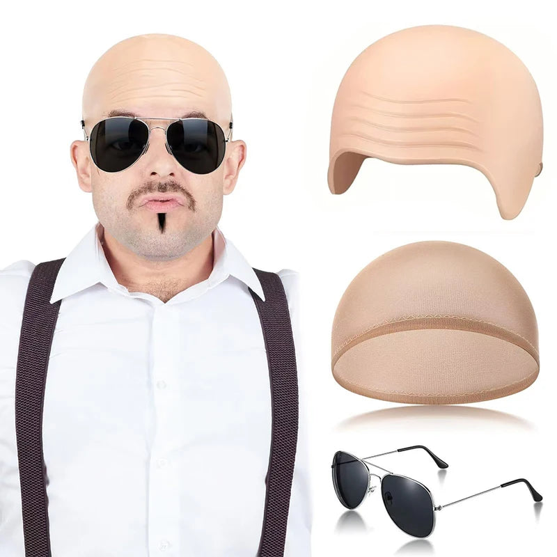 Cosplay Bald Outfit Accessories Set with Latex Bald Hat and Nylon Wig Cap for Halloween and Parties