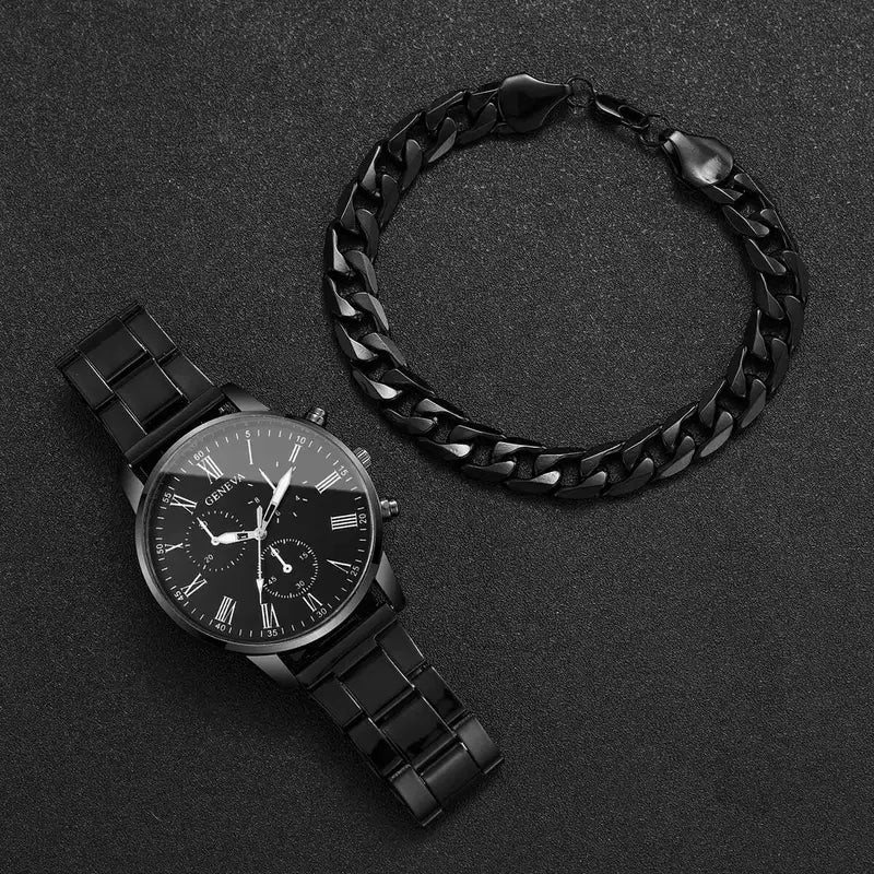 Men's Fashion Quartz Wrist Watch & Bracelet Set Black, Rose, Bronze