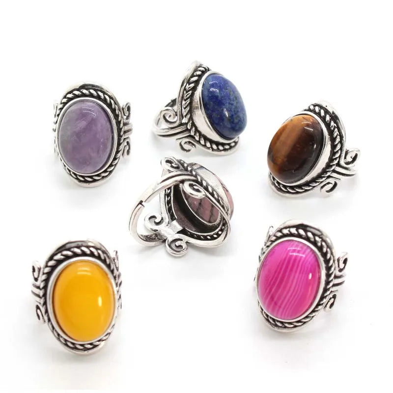 Vintage Adjustable Gemstone Ring for Men & Women - Rose Quartz, Amethyst, Onyx, Agate Jewelry