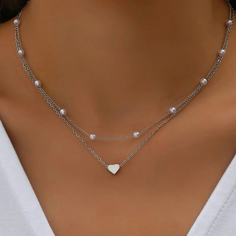 Imitation Pearl Heart Jewelry Set for Women - Gold Color Necklace & Bracelet