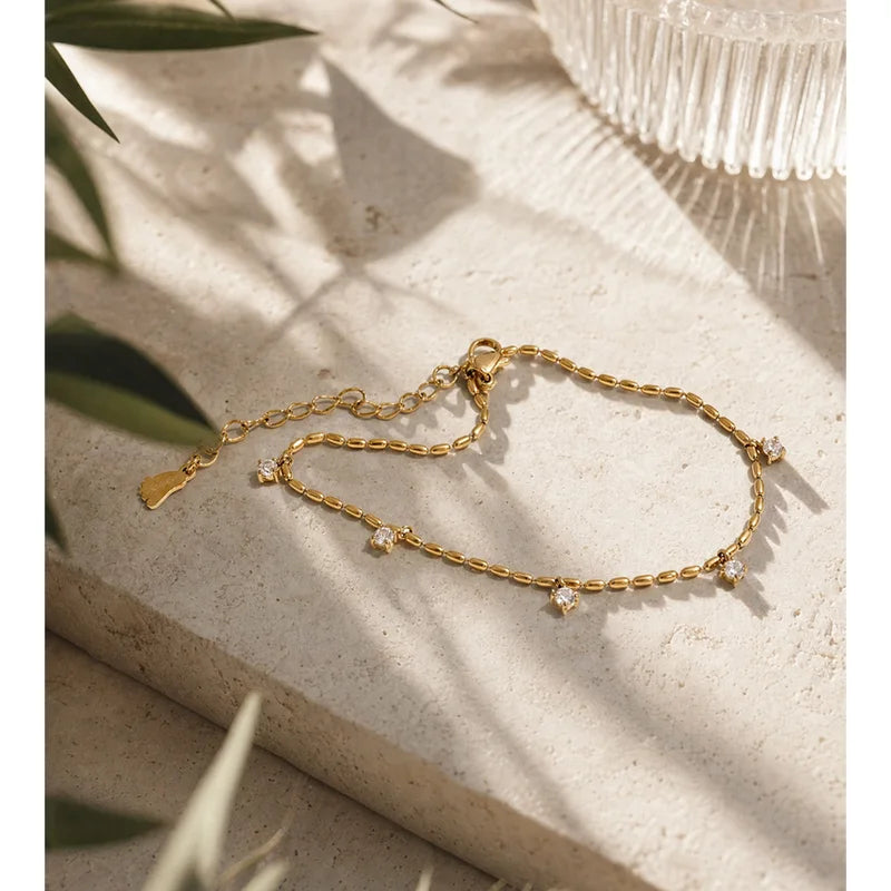Stainless Steel Chain Anklet for Women Zirconia Drop Foot Jewelry Summer Beach Waterproof Accessory