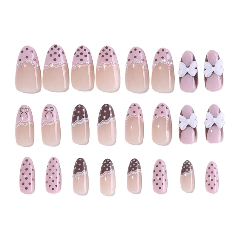 24Pcs Pink Brown Polka Dot Lace False Nails with Bow & Pearl - Manicure Tips