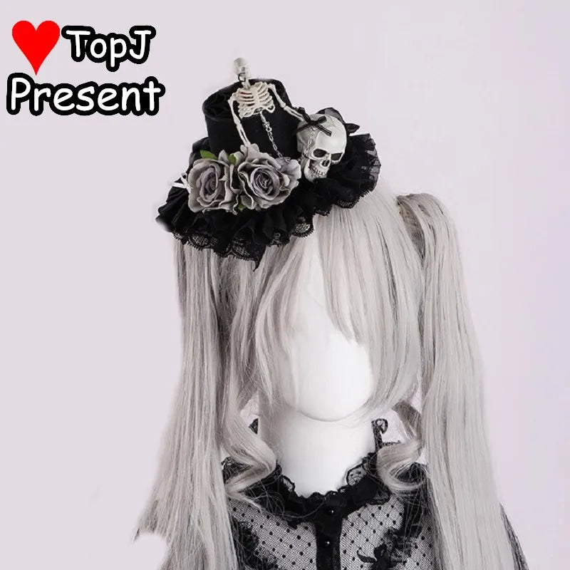 Gothic Lolita Punk Halloween Cosplay Hair Accessories Top Hat with Skull Bow Clips - Handmade