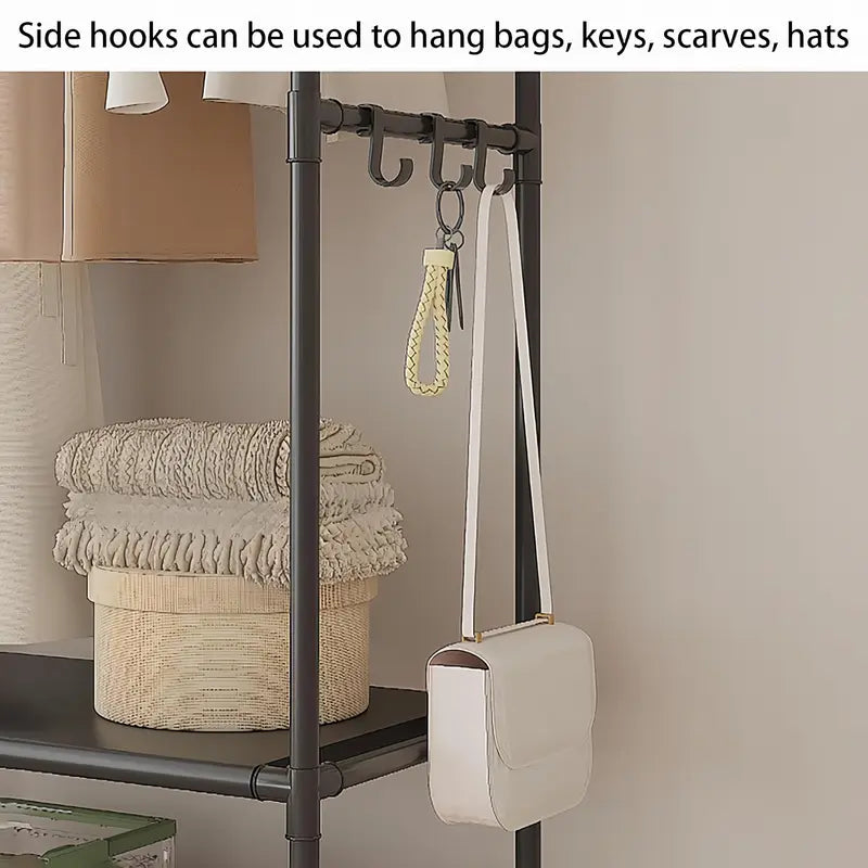 Standing Garment Rack for Hanging Clothes with Hat, Scarf & Tie Storage