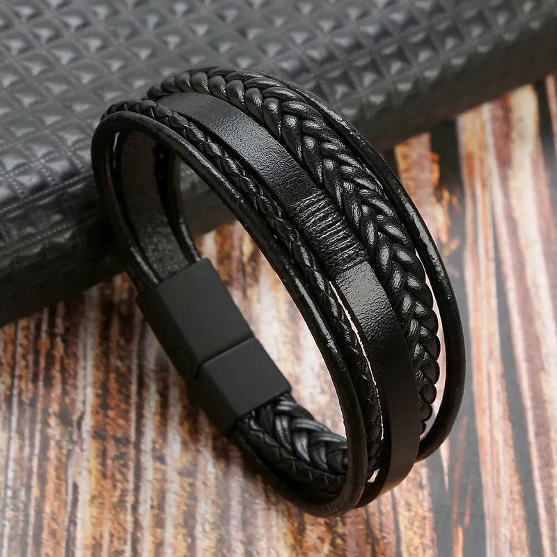 Men's Genuine Leather Multilayer Braided Rope Bracelet - Stylish Jewelry for Men