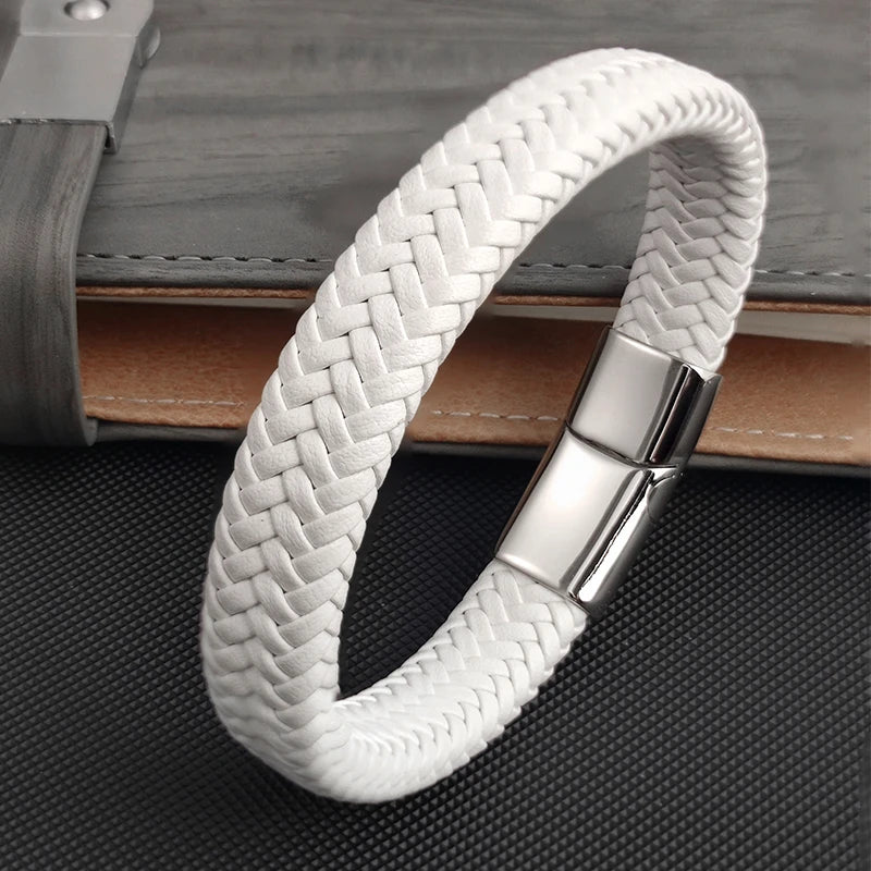 Men's Leather Braid Bracelet with Stainless Steel Buckle - Handmade Gift