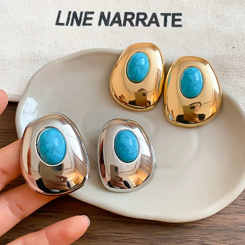 Oversized Turquoise Ear Studs - Gold Color Oval Earrings for Women