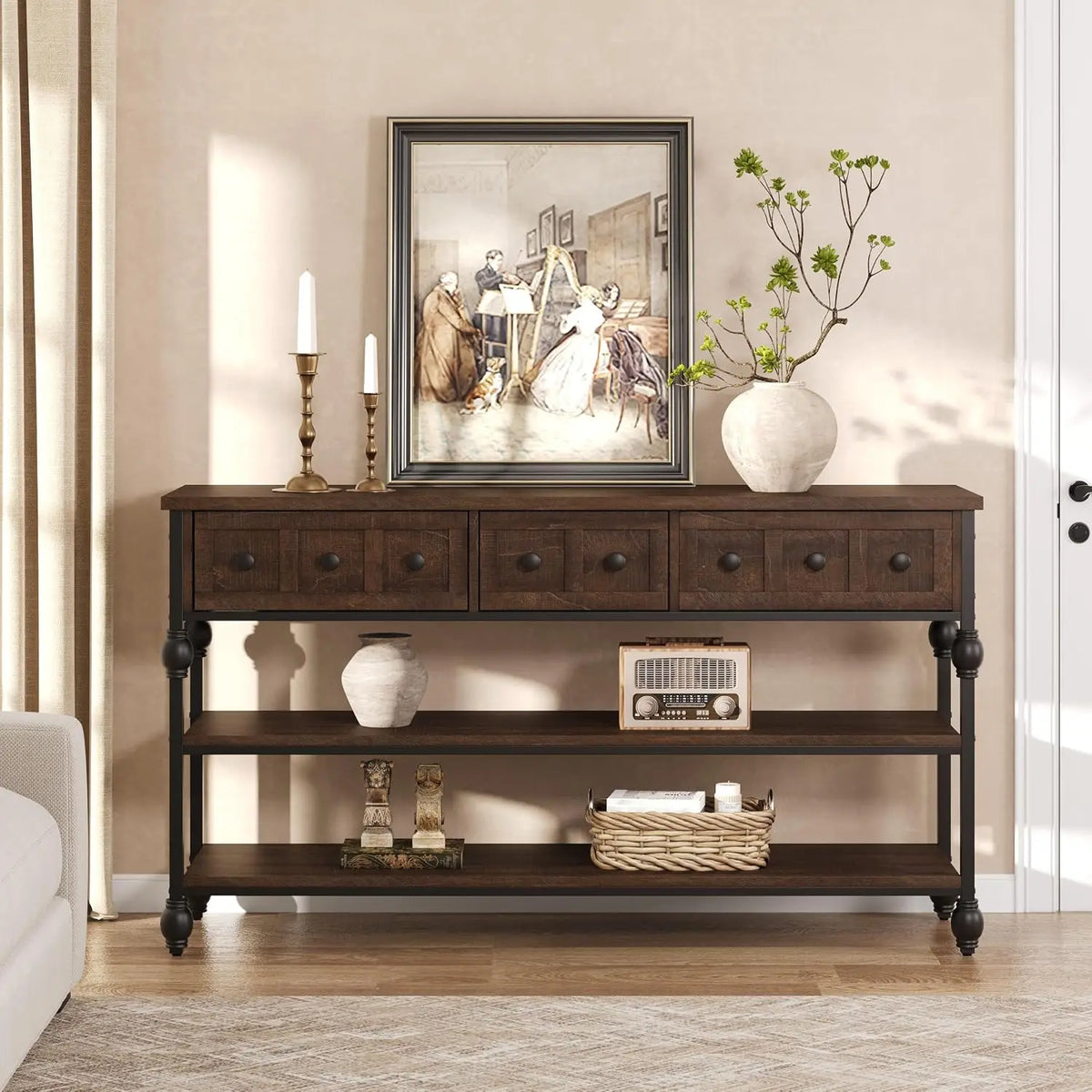52-Inch Narrow Console Table with 3 Drawers & 2 Shelves - Farmhouse Industrial Entryway Sofa Table