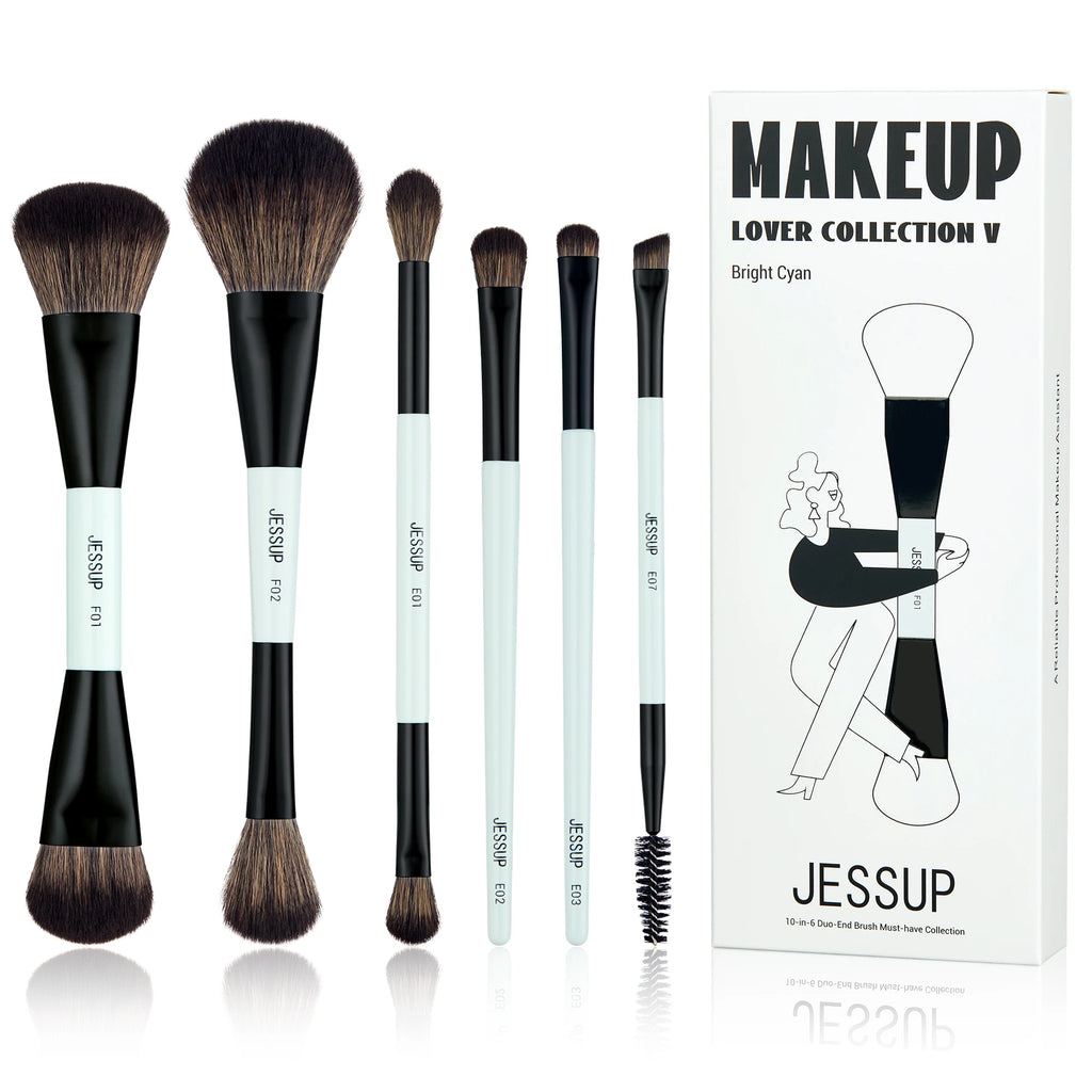 Jessup 6pcs Double Sided Makeup Brush Set - Foundation, Blush, Eyeshadow & Eyebrow Tools
