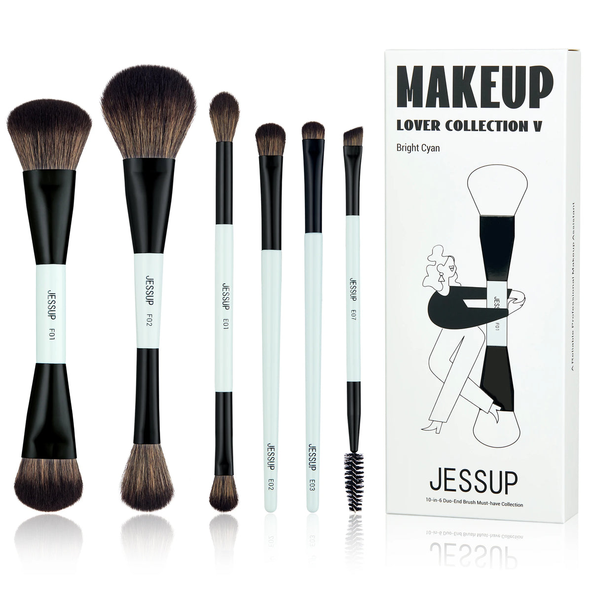 Jessup 6pcs Double Sided Makeup Brush Set - Foundation, Blush, Eyeshadow & Eyebrow Tools