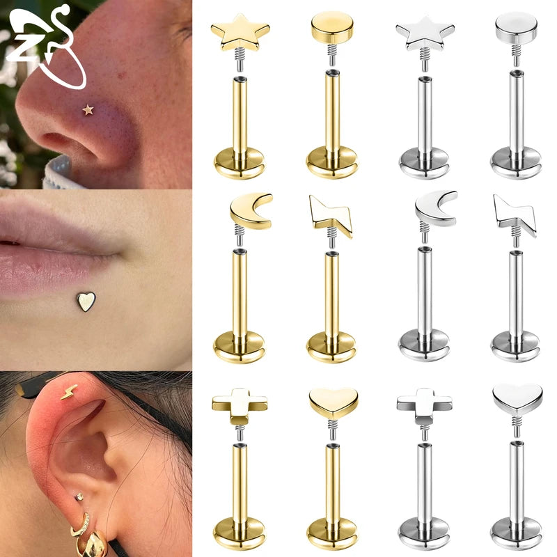 Stainless Steel Lip Studs with Cross & Star Shapes - Labret Piercing Jewelry 16G/18G 6/8mm
