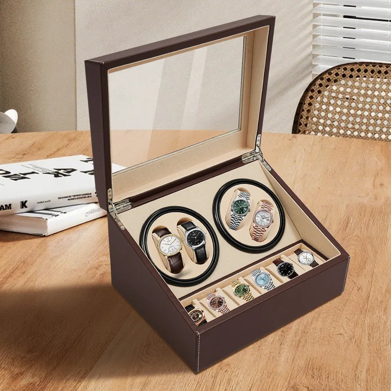 Automatic Watch Winder Display Box with PU Leather Finish - Holds 10 Watches, Black or Brown