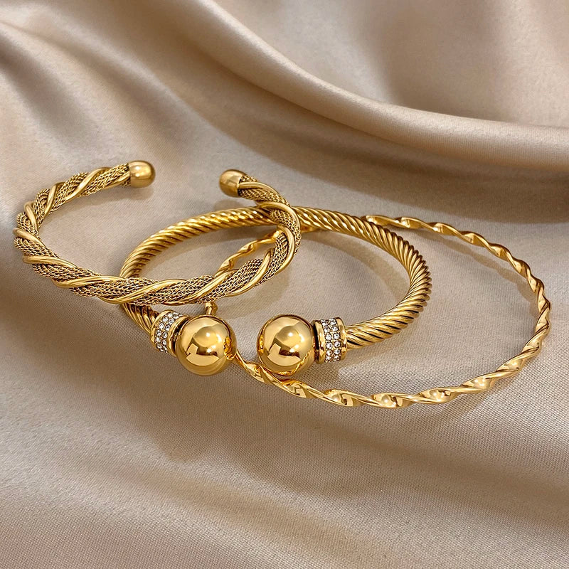 Warp Twine C-Shaped Open Men's & Women's Bracelet Jewelry Set - Stainless Steel