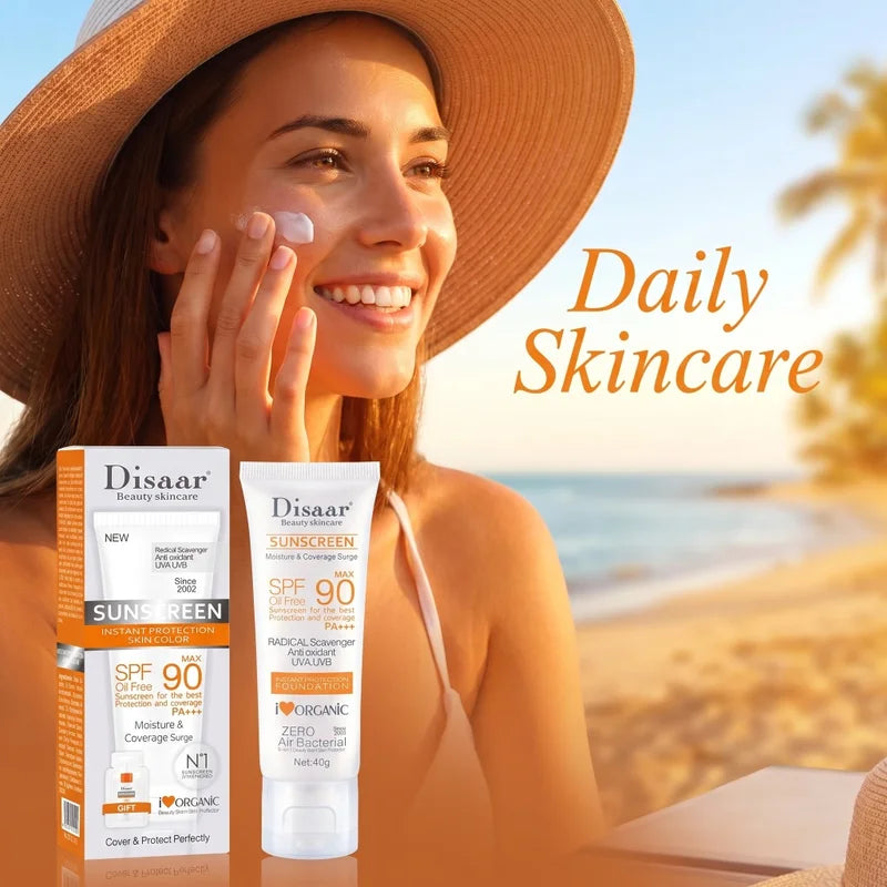 SPF90 PA+++ Oil-Free Sunscreen Cream with Organic Antioxidants & Light Coverage