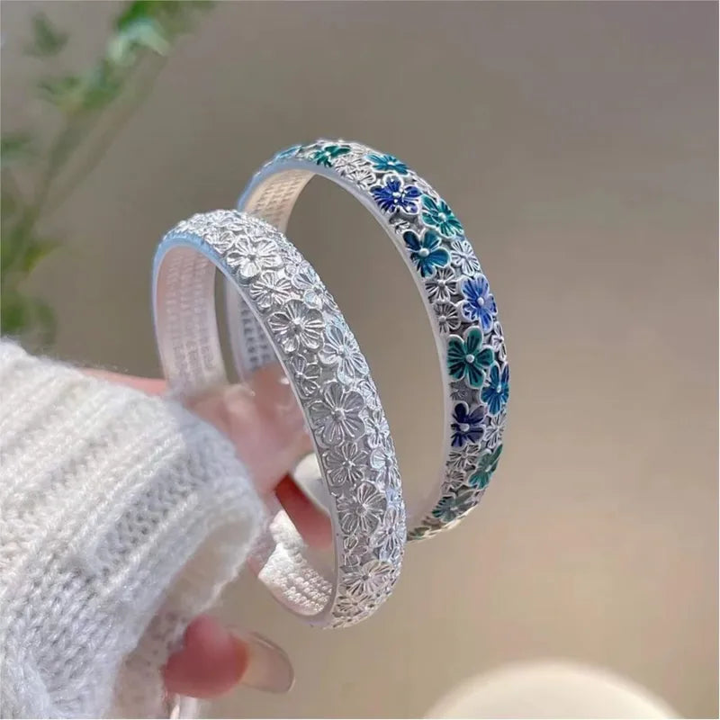 Vintage Flower Enamel Heart Sutra Cuff Bangle for Women Jewelry Gift