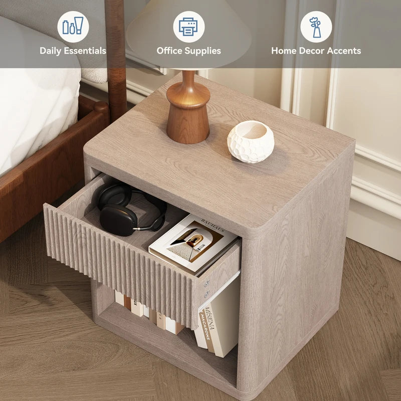 Wooden End Table with Fluted Drawer Front and Open Shelf - Mid Century Modern Nightstand