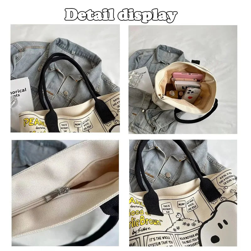 Large Capacity Snoopy Comic Canvas Tote Bag with Zipper | Eco Friendly Shopping Handbag for Students and Gifts