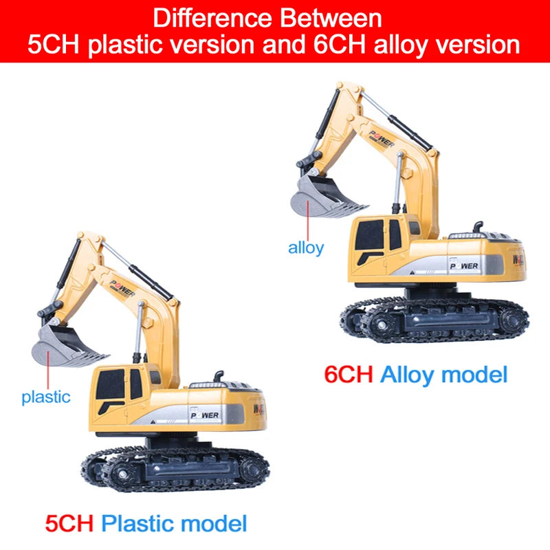Remote Control Excavator Toy 2.4GHz 6 Channel Construction Vehicle for Kids