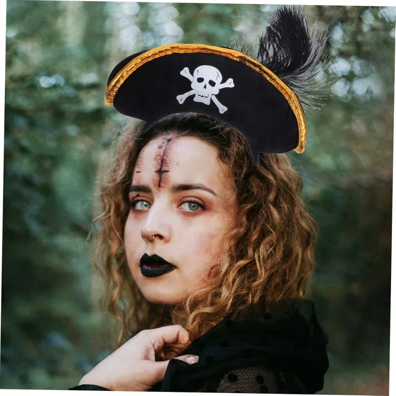 Pirate Hat Headband with Skull Crossbones & Black Feather Halloween Costume Accessory