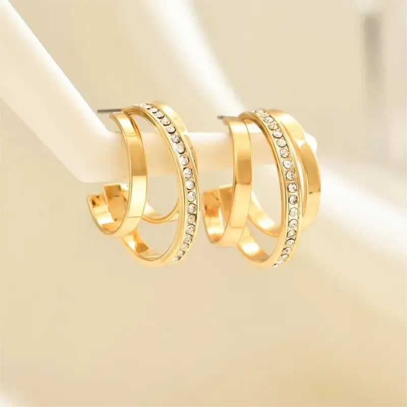 Simple Zircon C Shape Earrings for Women Three-Layer Circle Jewelry Gift