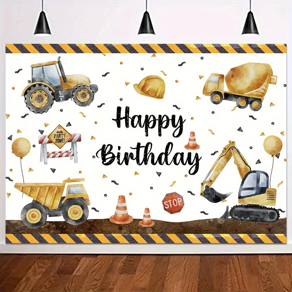 Construction Theme Birthday Backdrop Banner for Kids Party - Excavator Crane Truck Decoration