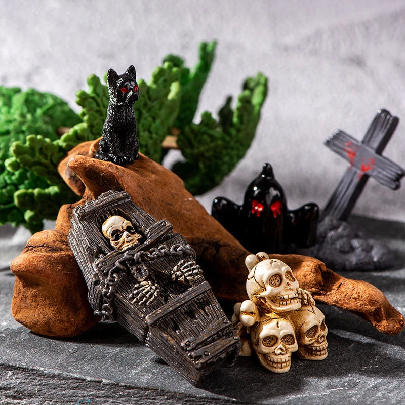 Halloween Micro Landscape Decoration Set - Raven Skull Tombstone Skeleton Ghost Figurines