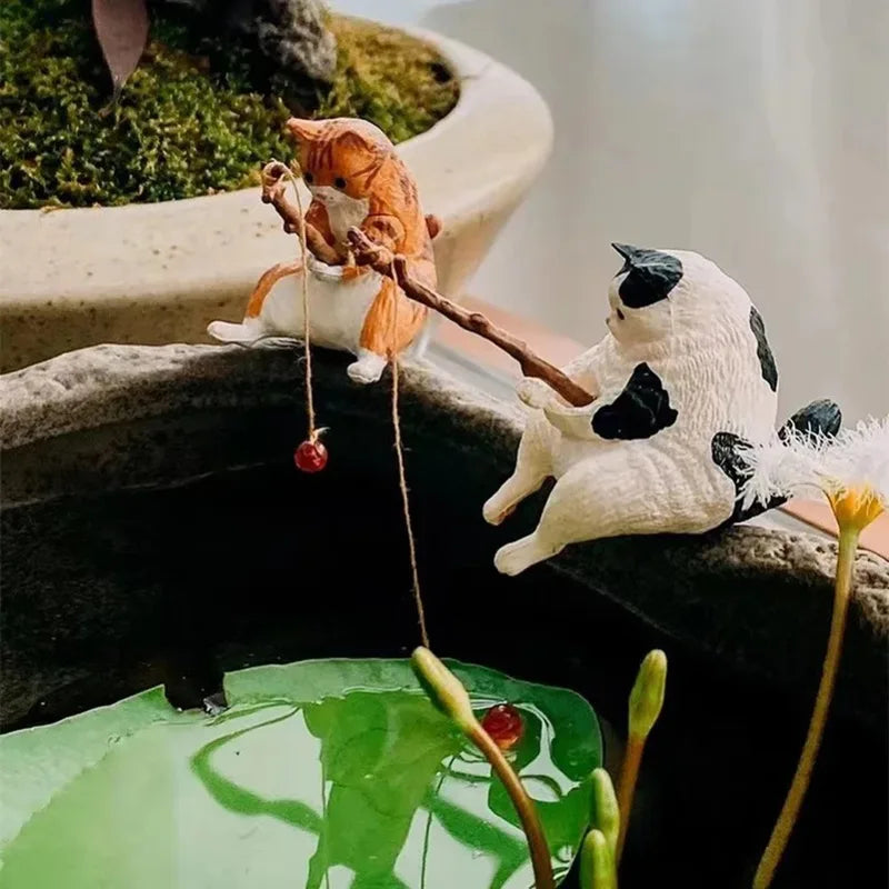 Fishing Cat Aquarium Decor Set - Cute Fish Tank Landscape Ornament - 1-5 Pieces